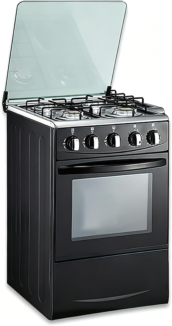 20" LPG Gas Stove - Equipped with 4 coil burners and Stainless Steel 50L Oven (Black: Automatic ignition)