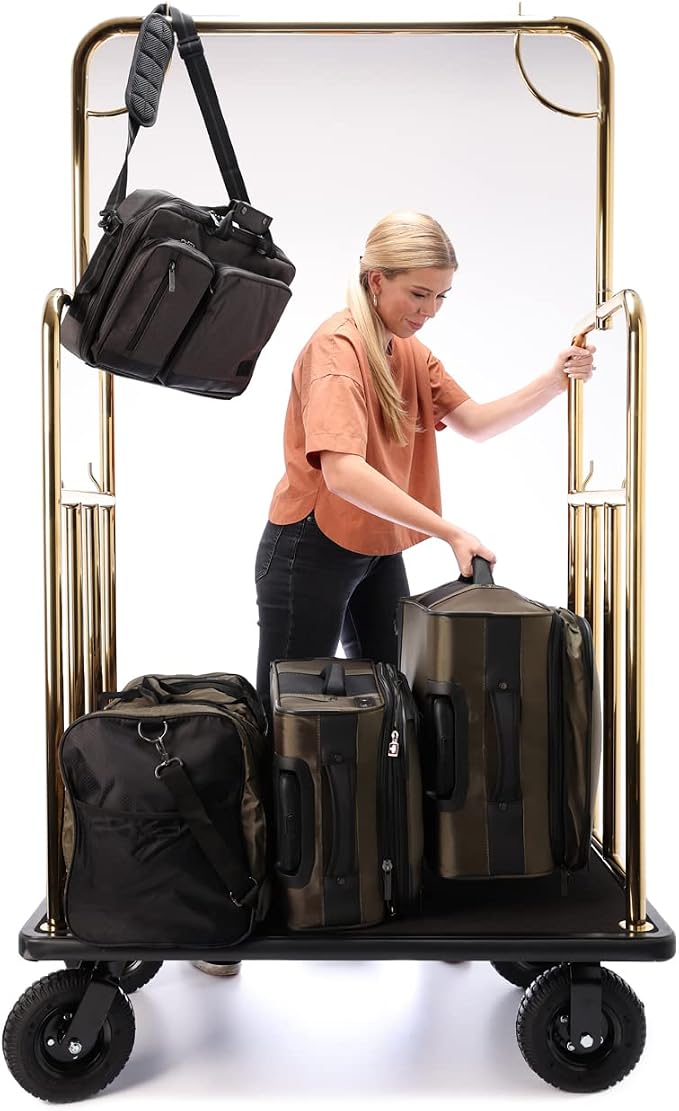 Stainless Steel Luggage Cart – 1000lb Capacity – Bellman Cart w/ 1.25” Welded Steel Frame, Black Carpeted Deck & Rubber Wheels, for Hotel, Commercial Use (Elite Valet Series)