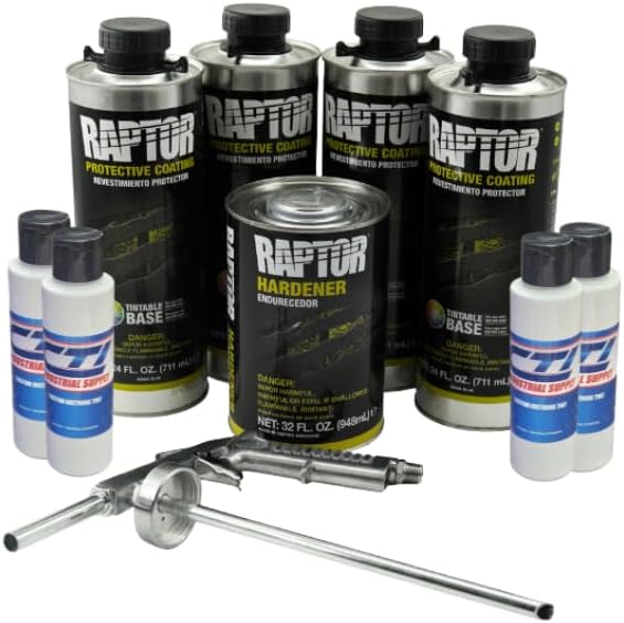 Raptor Truck Bed Liner Kit with Colored GM White Tint and Spray Gun - 4 Liters - Protective Spray On Paint for Coating Trucks, Tailgates, Vehicle Undercoating - Tintable Bedliner Formula