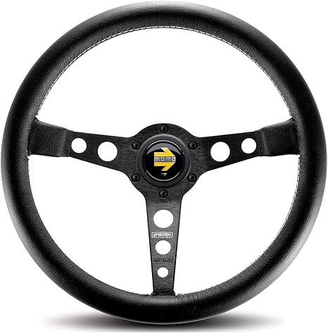 Prototipo 350mm Black Leather Steering Wheel | Black Anodized Spokes, White Stitching | Classic Racing Style | Comfortable Grip | Vehicle Specific Fit | 30x30 mm Rim Diameter