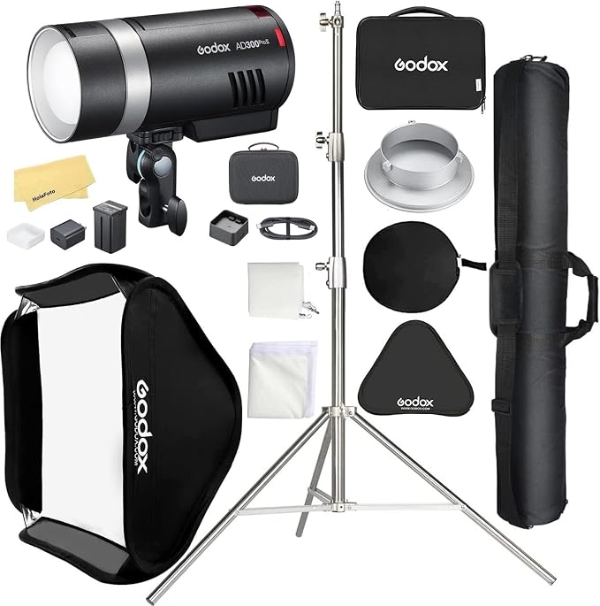 GODOX AD300 Pro II Outdoor Flash with Godox Softbox 80cmX80cm /32" X 32" | +2.8M Heavy Duty Light Stand and Carry Bag for Canon Sony Nikon Fujifilm Olympus Panasonic,0.01-1.5s Recycle Time
