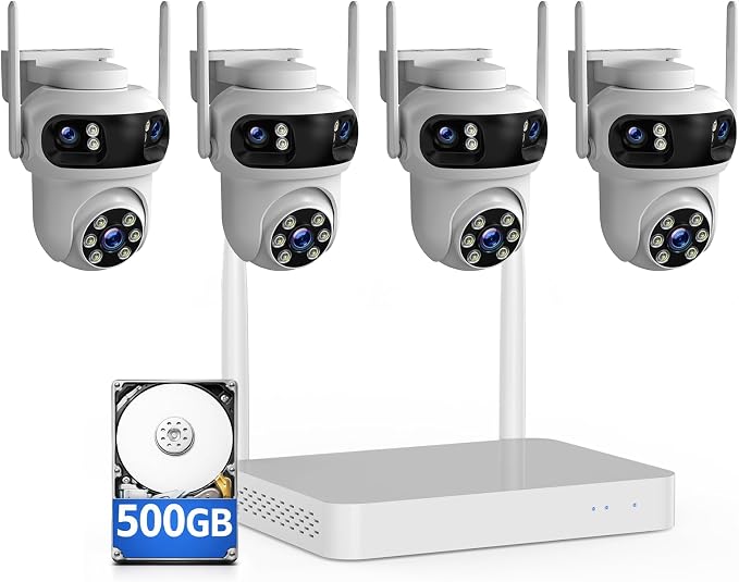 Camcamp Wireless Security Camera System Outdoor, Triple-Lens Security Cameras, 24/7 Recording, Auto Tracking, 10CH NVR with 500GB HDD, 360° PTZ, 2K Color Night Vision, No Monthly Fee, 4 Cam 12 Views