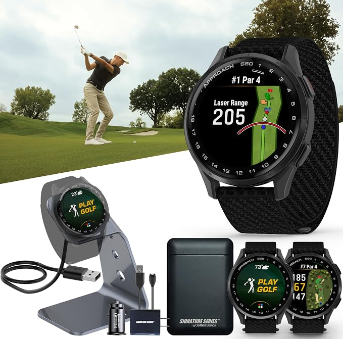 Garmin Approach S50 Advanced Golf GPS Smartwatch | AMOLED Touchscreen Display | On-Course Features and Signature Series Power Bundle | Black Nylon Band