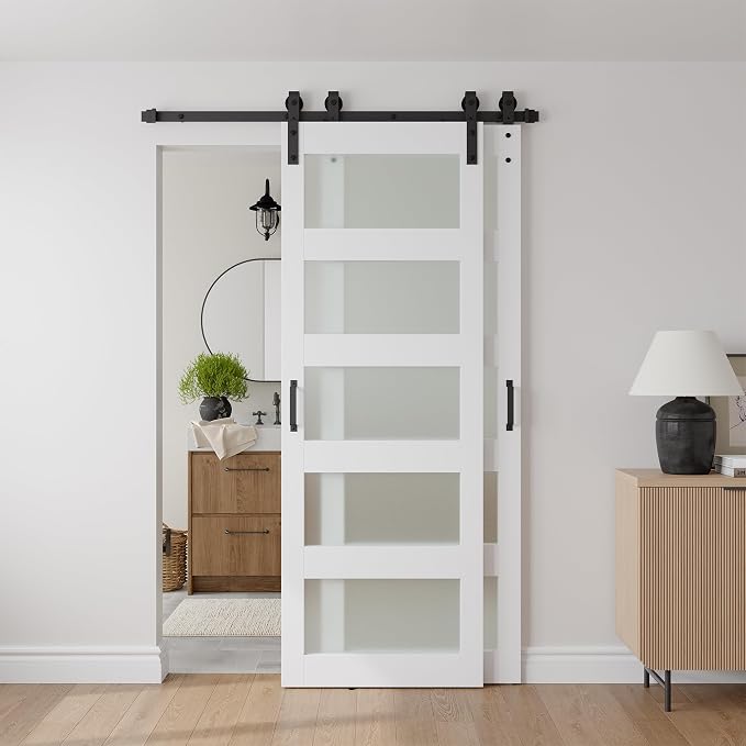 32"x84" Double Bypass Barn Door with 5FT Track Kit Included | Frosted Glass, MDF with White Waterproof PVC, Space-Saving, Easy Assembly