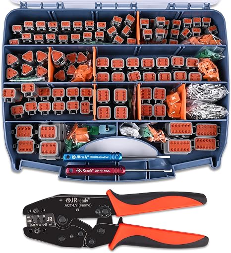 JRready ST6316 DT Deutsch Connector Kit, 2,3,4,6,8,12 Pin Connector, Deutsch Crimp Tool (ACT-LY-16DT), Size 16 Stamped Contacts, Deutsch pin Kit.