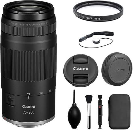 Canon RF75-300mm F4-5.6 Zoom Lens with UV Filter + Lens Cap Keeper + Cleaning Kit (4 Items)