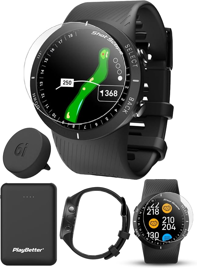 Shot Scope V5 (Black) Golf GPS Watch PlayBetter Bundle | Automatic Performance Tracking, Full Hole Maps, Distances, Hazards | Includes 5000mAh Portable Charger & Screen Protectors