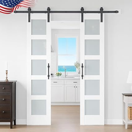 S&Z TOPHAND 21in x 84in Double Glass Sliding MDF Barn Door with 8FT Sliding Door Hardware Kit, 5 Tempered Frosted Glass, Slab Inside Covered with Water-Proof PVC Surface, Simple DIY Assembly
