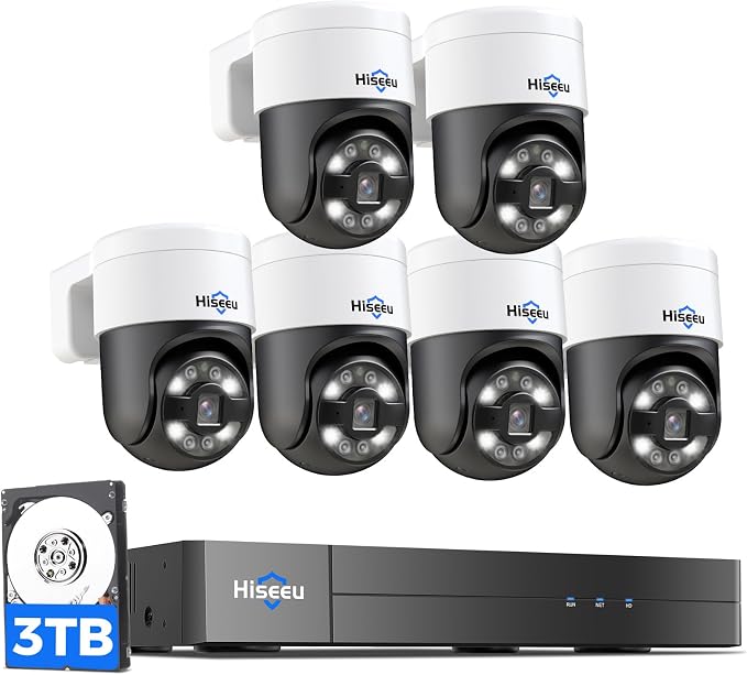 Hiseeu 4K PoE PTZ Security Camera System, 6Pcs 5MP Wired Security Cameras