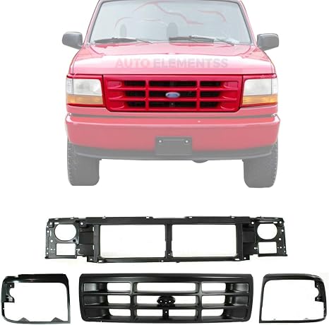 Grille Assembly + Header Panel + Headligths Bezel Trims For 1992-1996 Ford Bronco F-150/1992-1997 F-250 F-350 Truck Direct Replacement F6TZ8200AAA F6TZ8A284AC