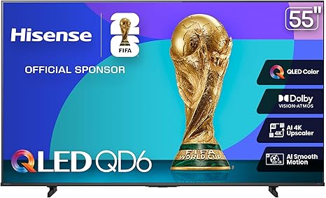 Hisense 55" Class QD6 Series (55QD6QF, 2025 Model) QLED 4K UHD Smart Fire TV, Voice Remote with Alexa, Dolby Vision, Dolby Atmos, Motion Rate 120, HDR 10+, Game Mode Plus, MEMC, VRR, ALLM