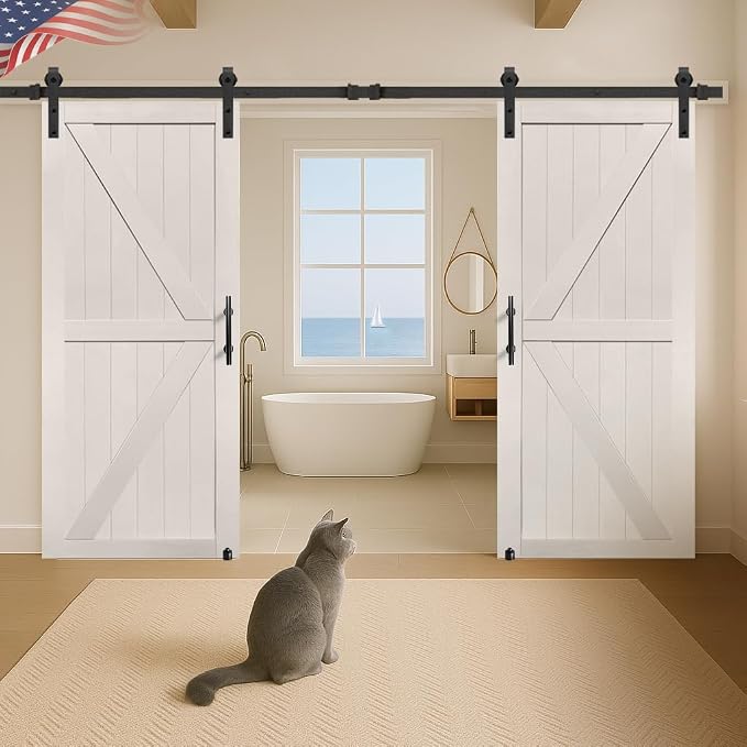 S&Z TOPHAND® 28in x 84in Double Sliding MDF Barn Door with 10FT Sliding Door Hardware Kit, Solid Slab Covered with Water-Proof PVC Surface, Simple DIY Assembly