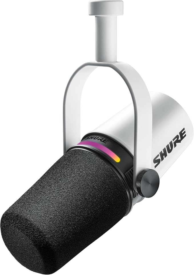 Shure MV7+ USB-C & XLR Podcast Dynamic Microphone - White | USB-C and XLR dynamic mic with LED touch panel, auto level and pop filter for podcasting, streaming and recording