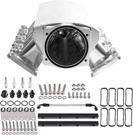 For LS Intake Manifold Low Profile Cathedral Port 92mm Compatible with Chevy GMC Pontiac LS1 LS2 LS6 Sheet Metal Fabricated EFI (Silver)