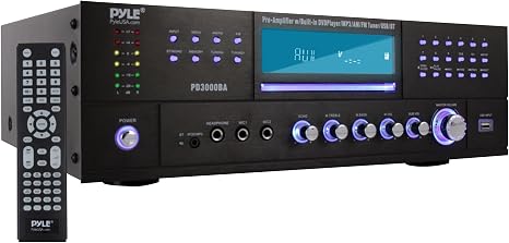 Pyle 4 Channel Bluetooth Amplifier with Front Loading DVD/CD Player - 3000 Watt Stereo Receiver with FM Radio, Dual Microphone w/Echo for Karaoke, USB-A in, LED, Rack Mount - PD3000BA.5