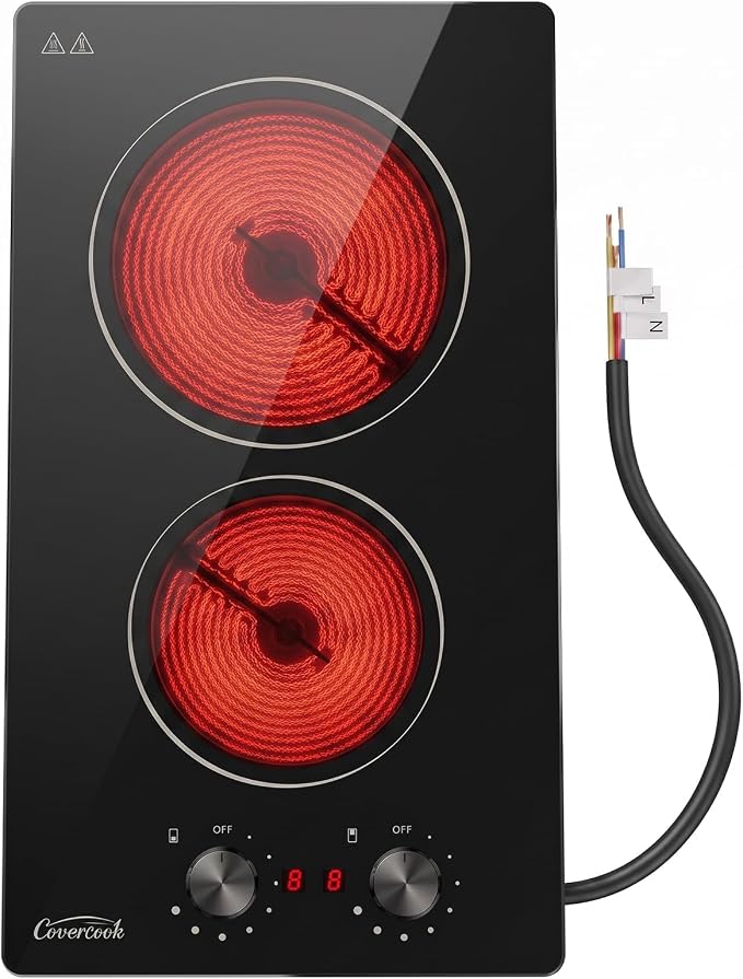 12 inch Electric Ceramic Cooktop, 2 Rings Radiant Stove Countertop Burners with Knob Control, Black Glass Hot Plate for Cooking, No Plug Hardwire 220-240V 3KW