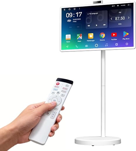 VLH 32 Inch Smart Portable TV Tablet with Rolling Stand, 1080P Touch Screen Rolling TV, Built-in 38400mAh Battery, Android 15, 8+128GB Wireless TV on Wheels with Remote, 360° Rotation, 5MP Camera