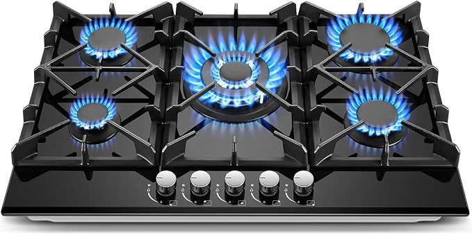 Gas Cooktop 30 Inch, Amzgachfktch 5 Burners Propane Stove, Built-in NG/LPG Convertible Gas Stove Top, Black Tempered Glass Propane Cooktop with Thermocouple Protection