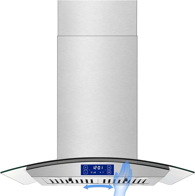 Island Range Hood 30 Inch 700 CFM Gesture & Touch Control Ceiling Mount Stainless Steel Kitchen Vent Hood, Kitchen Exhaust Hood, Ducted/Ductless Convertible 3-speed Ventilation Fan Switchable