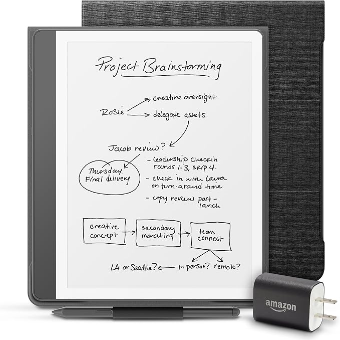 Amazon Kindle Scribe Essentials Bundle including Kindle Scribe (64 GB) - Tungsten, Premium Pen, Fabric Folio-Black, and Power Adapter