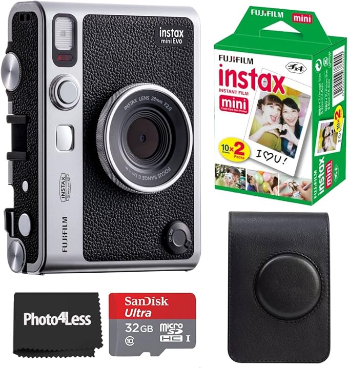 Fujifilm Instax Mini EVO Hybrid Black Instant Camera | Instax Mini Twin Pack Instant Film | 32GB microSD Card with Adapter | Black Camera Case