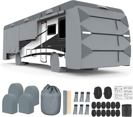Class A RV Cover, 37'-40' Camper Cover, Upgraded 8-Layer UV Protected RV Cover, Wind and Water Resistant with Extra Harness, Tire Cover and Gutter Cover