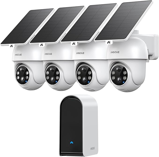 ANSQUE Home Security Cameras Wireless Outdoor, Solar Powered, 4-Cam System
