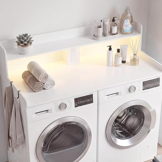 Seang 2-Tier Washer Dryer Countertop with Power Outlet & LED Lights, 27"D x 54"W Laundry Countertop for Folding Clothes, Washer and Dryer Topper with Storage Basket, Metal Hooks, Non-Slip Pad, White