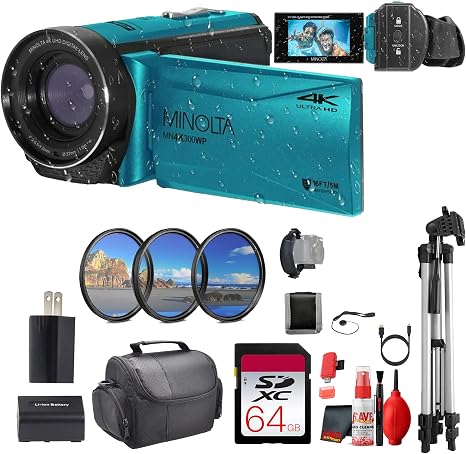 Minolta MN4K300WP 4K Ultra HD / 56 MP Waterproof Video Camcorder (Blue) Bundle with 64GB Memory Card + Camera Tripod + More Accessories