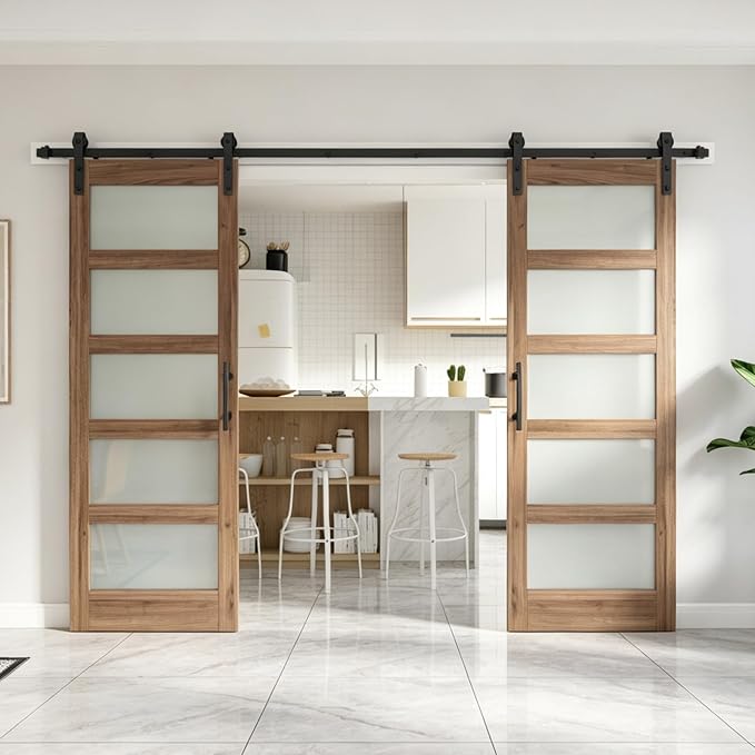 64 x 84 inch Frosted Glass Barn Doors with Hardware Kit Included