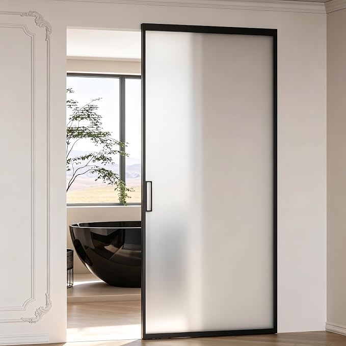 Opening Size Fits 30"-36" W x 72"-85" H Concealed Sliding Barn Door, Frosted Glass, Waterproof Modern Sliding Door for Bathroom/Kitchen Privacy, 5/16"(8mm) Tempered Glass, with Soft Close