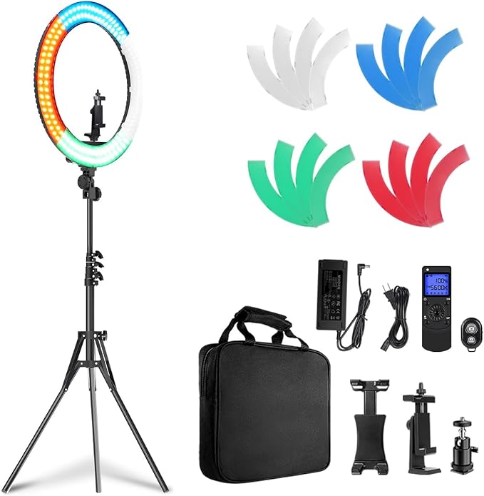 19 inch Ring Light with Remote Controller and Stand iPad Holder,60W Bi-Color with 4 Color Soft Filters for Live Stream/Makeup/YouTube Video/TikTok/Zoom/Photography