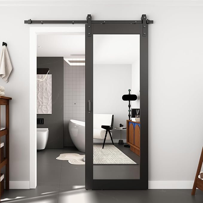 BARNSMITH 32in x 84in Mirror Barn Door with 5.5FT Sliding Door Hardware Kit Included, 1 Lites Full Length, Solid Wood Water-Proof PVC Surface,No Assembly Required,Black