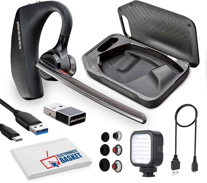 Plantronics Poly Voyager 5200 UC Bluetooth Headset (7K2F3AA) Bundle Including: Led Light, Type-C to Type-A Cable, Small, Medium, Large Ear Tips, Charging Case, Charging Cable