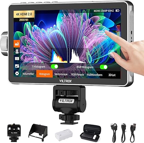 VILTROX DC-A1 2800 Nit Camera Monitor, 7 inch HD 1920x1080 IPS Touch Screen Camera Field Monitor with 4K HDMI 2.0 in/Out, 3D LUT, Focus Peaking, Video Assist, HDR Full Waveform, F550 Battery