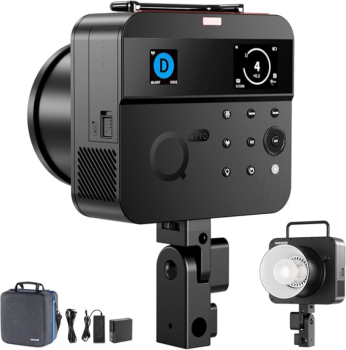 NEEWER Q4PRO 400Ws 2.4G TTL Outdoor Studio Flash Strobe, Compatible with Godox, APP Control Light, 1/8000 HSS 6000K 2800mAh Dual Screen Monolight Bowens Mount/0.01-1s Recycle/30W Modeling Lamp
