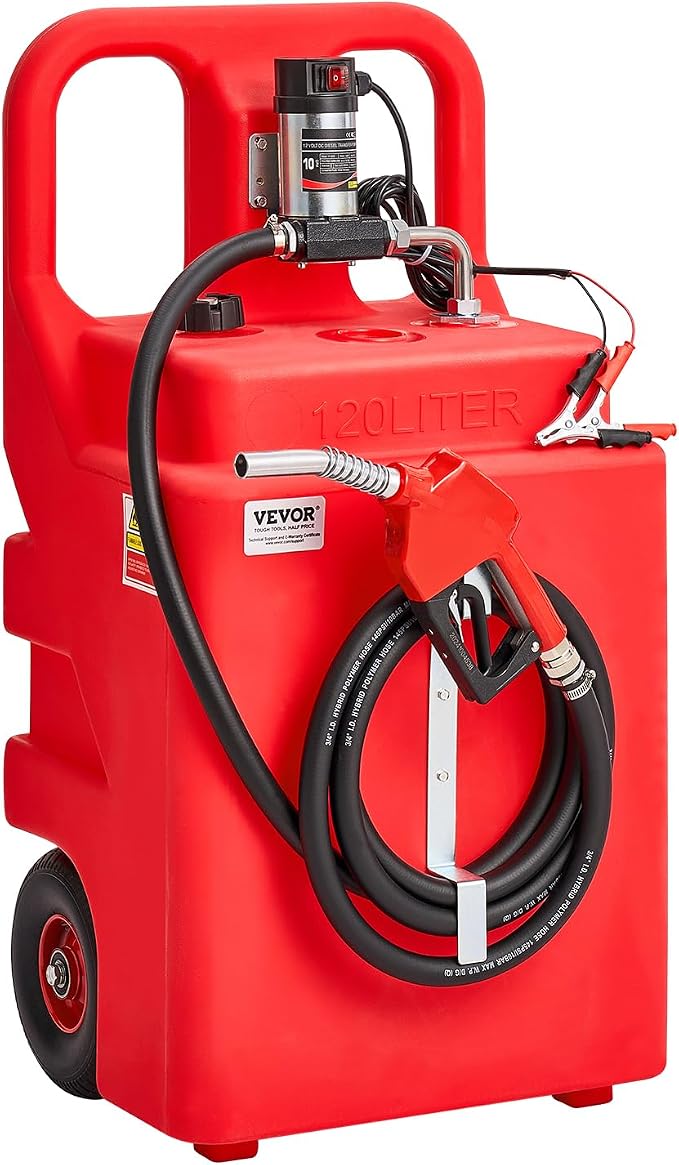 VEVOR Diesel Transfer Tank, 32 Gallon, Portable Kerosene Tank with 12V DC 10GPM Electric Transfer Pump, 13 ft Delivery Hose & Self-sealing Nozzle, Compatible with Diesel & Kerosene