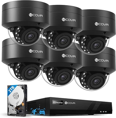 4COVR PoE Security Camera System 8 Channel with 2TB HDD, LY54AB5M0806 | 6X 5MP IK10 Vandal-Proof Commercial IP Dome Camera IP67, AI Human Vehicle Detection, 4K NVR, 24/7 Home Surveillance Outdoor