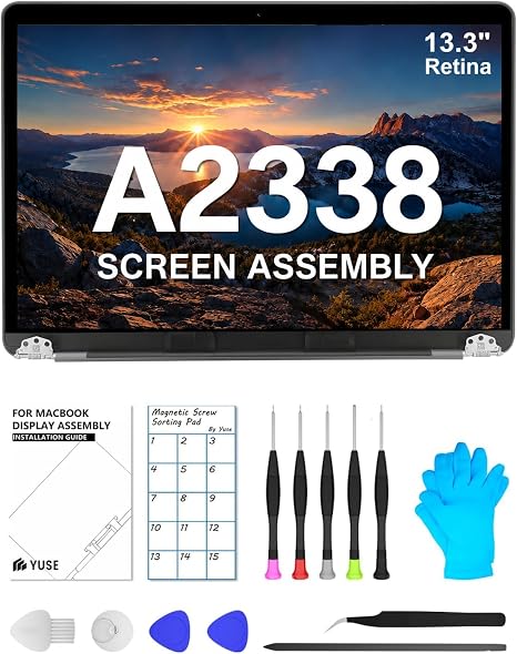 A2338 Screen Replacement 13.3" for MacBook Pro 2020(M1) 2022(M2) LCD-Gray | Model: EMC 3578, EMC 8162, MYD83, MYD92, MYDA2, MYDC2, MNEQ3, MNEP3, MNEJ3，13 inch， 2560x1600，Full Display Assembly，Fix Kit