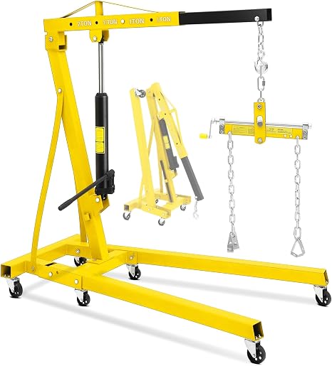 4400 Lbs Folding Hydraulic Engine Hoist with Leveler, 2 Ton Portable Cherry Picker with 6 Wheels & Telescopic Boom, Foldable Engine Shop Crane Lift for Home Garage, Workshop, Warehouse, Yellow
