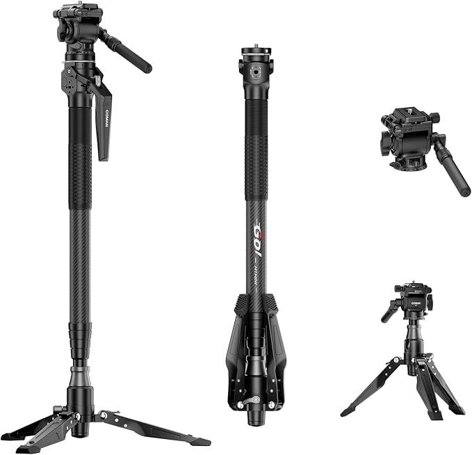 M1mini Carbon Fiber Monopod for Camera, 4-Section One-Button Quick Release, Portable Camera Monopod with V1 Fluid Head for DSLR Mirrorless Cameras, Max Load 5kg, (M1mini-V1)
