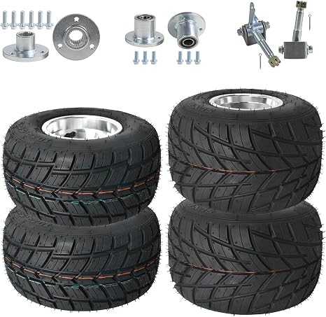 Front 10x4.50-5 Tubeless Rain Tires & Rear 11x7.10-5 Go Kart Tire Rim with 3 Holes Aluminum Wheel Rim Hub Steering Spindle for Racing Kart Quad Racing Drift Cars Mini Bikes