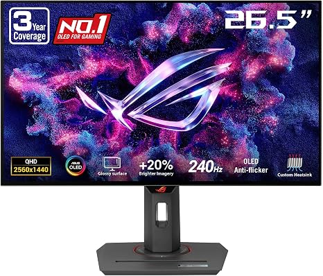 ASUS ROG XG27AQDMG 27 Inch 1440p 240Hz Glossy OLED Gaming Monitor | Custom Heatsink, Anti-Flicker, Uniform Brightness, 0.03ms, G-SYNC Compatible, 99% DCI-P3, for PS5 and Xbox