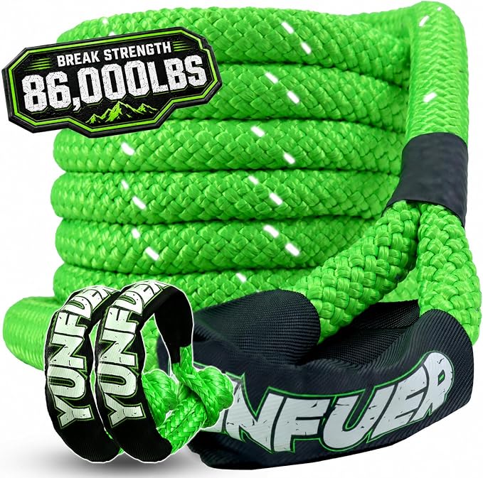 Heavy-Duty Kinetic Recovery Rope Kit – 86,000lbs, 1.5in x 30ft – Includes 2 Ultra-Strong UHMWPE Soft Shackles – 35%+ Elasticity for Off-Road Recovery, Towing & Emergency Use (Reflective)