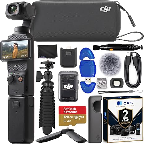 DJI Osmo Pocket 3 Creator Combo Gimbal Stabilizer 1′′ CMOS & 4K/120fps Video Bundle with 128GB Memory Card, Gripster Flexible Spider Tripod, 2 YR CPS Warranty + More