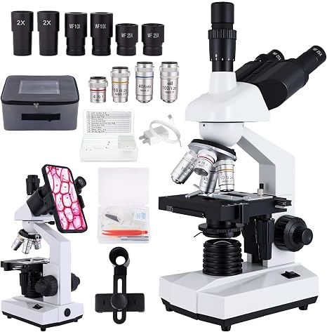 Goldstyle Compound trinocular Microscope, 40x-5000x Magnification, WF10x and WF25x eyepieces, LED Illumination, Adult Microscope for Schools, Home Labs, Children and Beginners