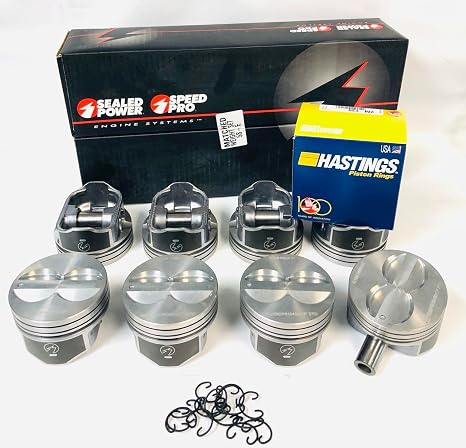 bundled set of (8) Standard 4.00 bore Hyper Flat Top 4 Valve relief Pistons and matching Moly Rings with lock rings for floating rods compatible with 1968-85 Chevy 350 small blocks.