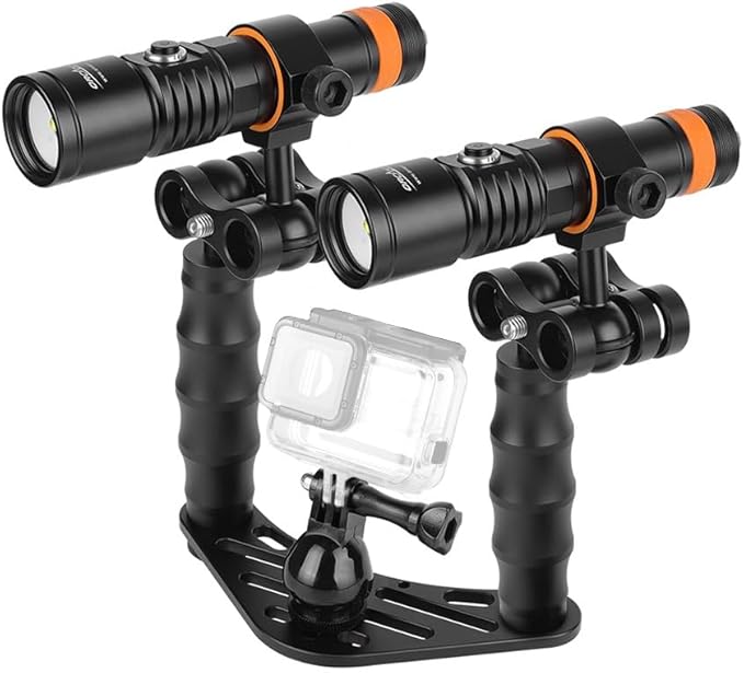 ORCATORCH D710V MK2 Dual Underwater Video Light Kit with Camera Tray | 2x2300 Lumens, Tri-Color White/Red/UV Light, with H02 Tray, ZJ12 Handle, ZJ13 Clamp, for GoPro & Action Cameras