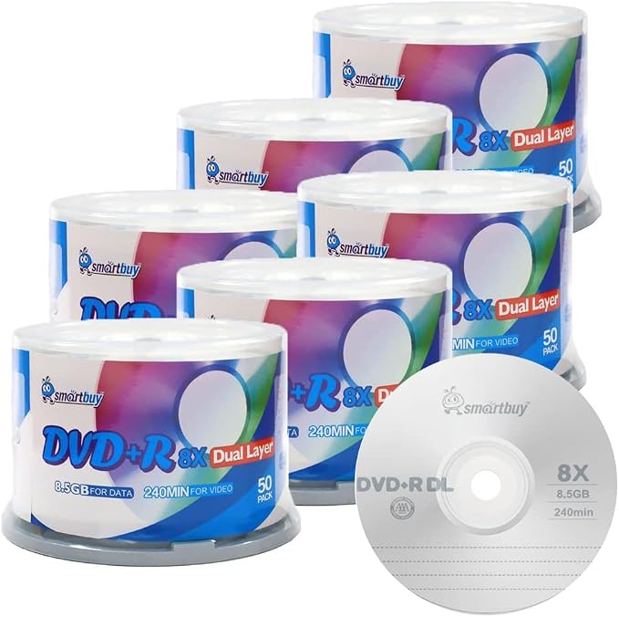Smartbuy 8.5gb/240min 8X DVD+R DL Double Layer Logo Blank Disc (300-Disc) | DVD+R DL Dual Layer, Branded Logo Top, Non-printable, Video Data Music Blank Recordable Media Disc, Spindle Cakebox Packaging