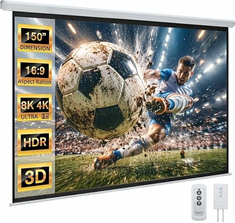 Projector Screen Motorized Auto Pull Down Screens(150'' 16:9 White) | Electric Automatic Wall Ceiling Retractable Movie Screen for Office Classroom Indoor with Remotes 4K HD 3D